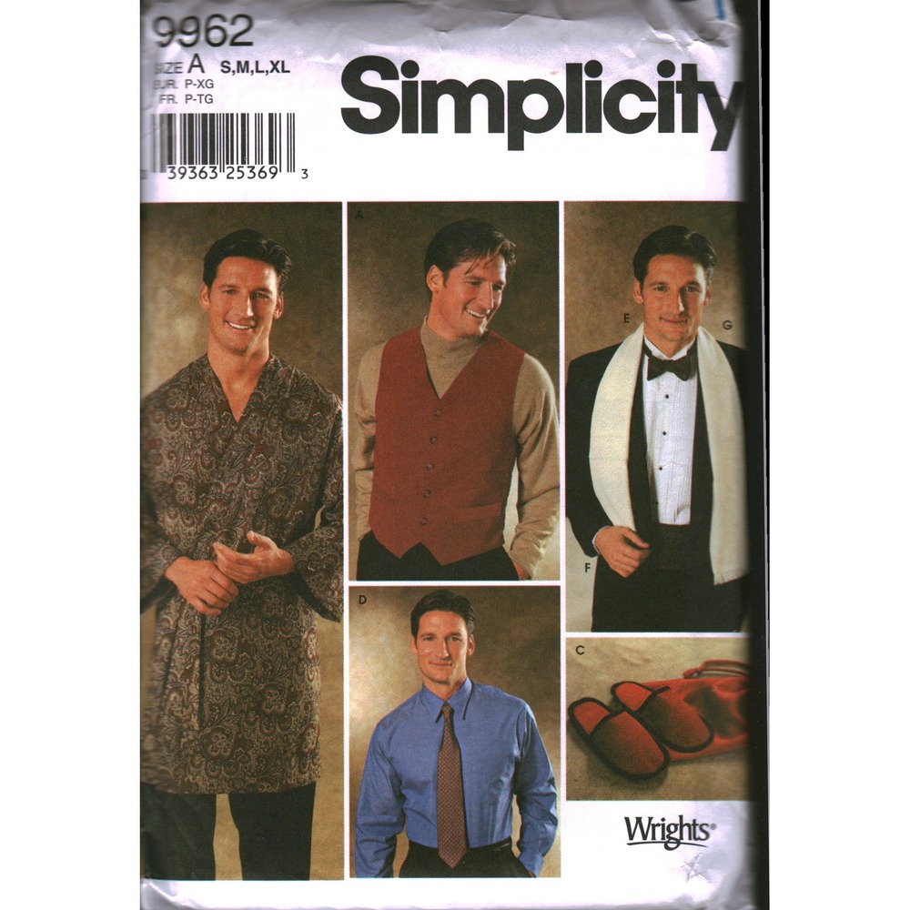 Simplicity 9962 Mens Robe Vest Tie Cummerbund Scarf Slippers Pattern Size S-XL